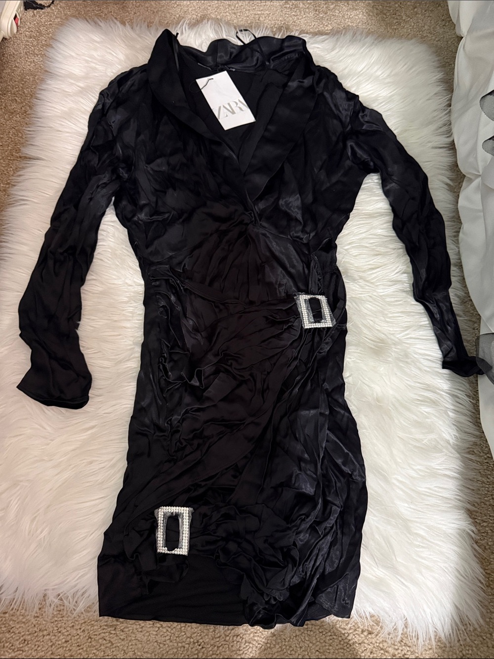Zara Black Long-Sleeve Wrap Dress with Crystal Buckles.
